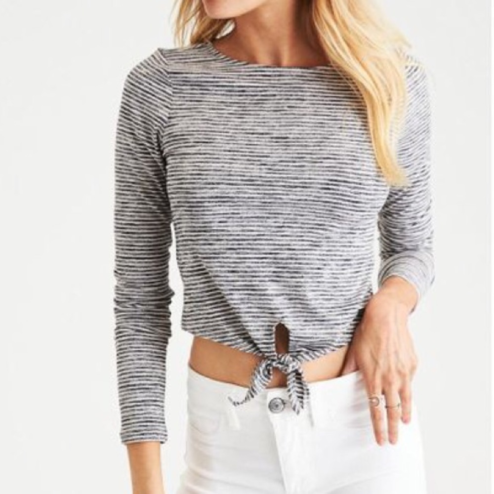 AEO Soft & Sexy Tie-Front Striped Crop Top T-Shirt